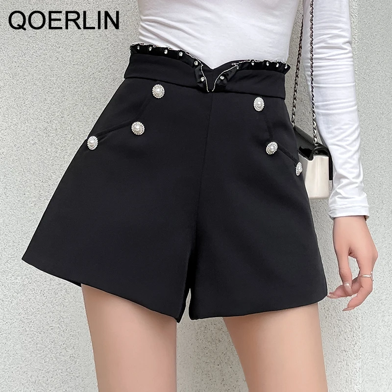 QOERLIN OL Ruffled High Waist White Suit Shorts Summer Elegant Beading Pocket  Black Shorts Korean Loose Back Zipper Work Wear