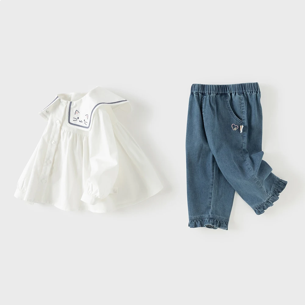 Dave Bella Baby Shirt Pants Two Piece Suits Spring Autumn Girls Sets Sweet White Top Elastic Trousers Children Clothes DB1260965