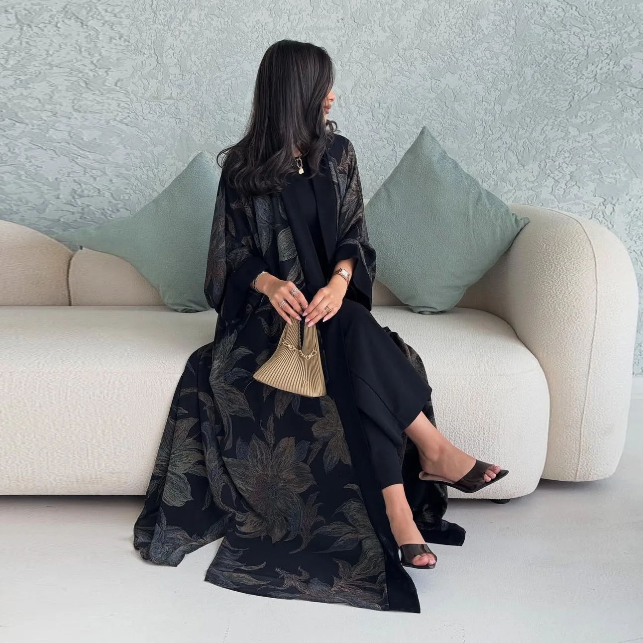 Women's Black Grey Printed Casual Trendy Elegant Loose Daily 2 Pieces Sets Long Sleeve Chiffon Abaya Hijabs Female New Clothes