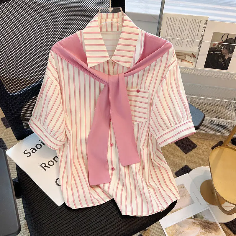 

Summer Short Sleeve Striped Fake Two Pieces Shirts Women Clothing Vintage Casual Single Breasted Shawl Tops