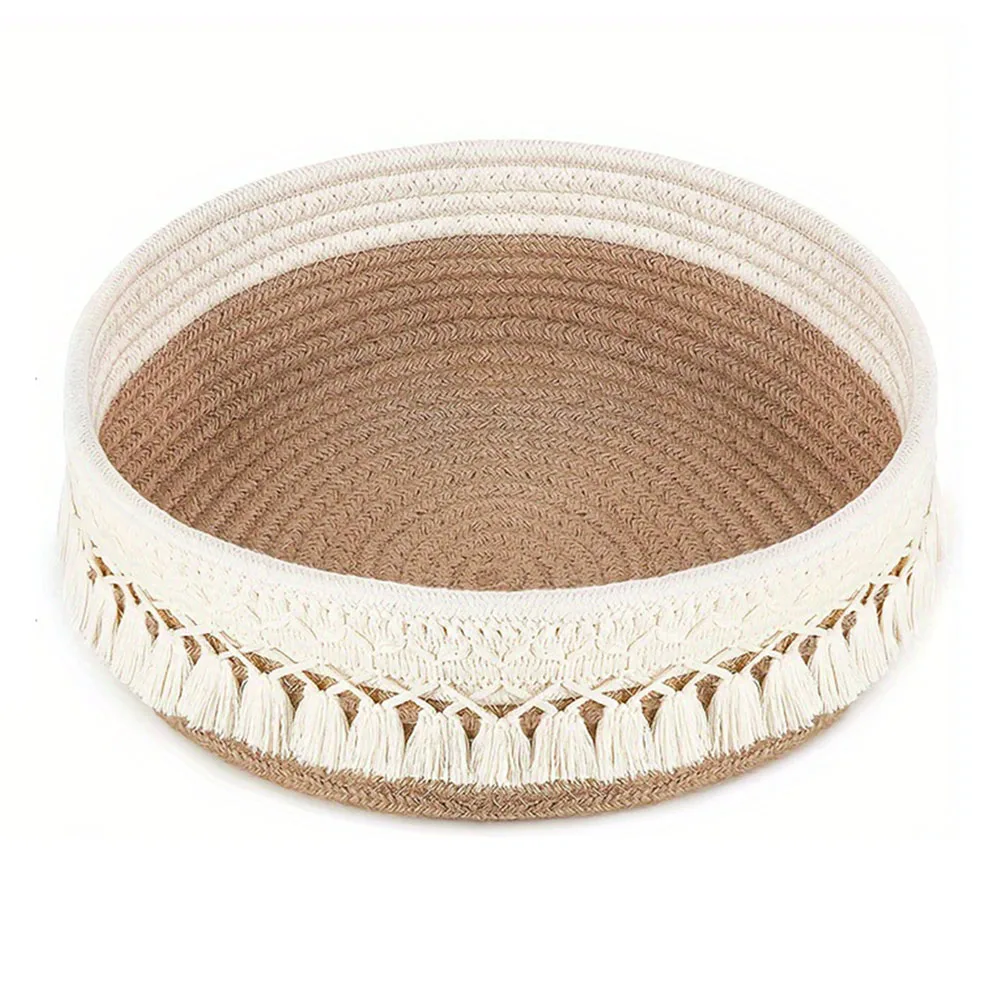 Organizational Cotton Rope Basket with Bohemian Tassel for Living Room Bookshelf Bedroom Dresser or Console Table