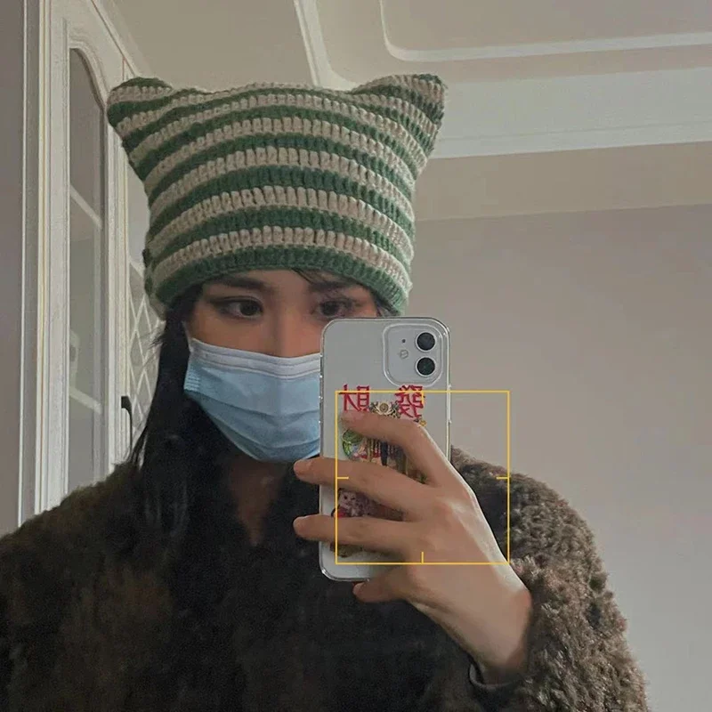 Gorro com orelha de gato para mulheres, chapéu de malha, gorro listrado, diabinho, quente, boné de streetwear, âmbar, harajuku, y2k, outono, inverno