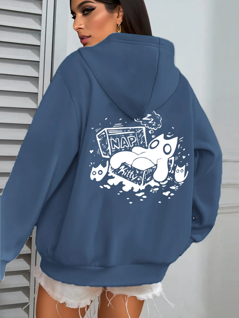 Sleeping Cat Nap Box Design Damen-Hoodies Koreanischer Taschen-Hoodie All-Match Casual Sportbekleidung Fleece Y2K Damen Herbstkleidung