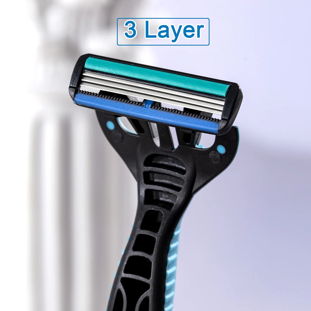 Blue Razor Blades Men 3Layers Plastic Stainless Steel Manual Shaver Head 9 Shaving Accessories Refills 1 Versatile PVC Holder