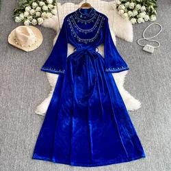 Elegant Long Flare Sleeves Vintage Stand Collar Chic Rhinestone Slim Bandage Dresses Evening High Street Autumn Winter Clothing