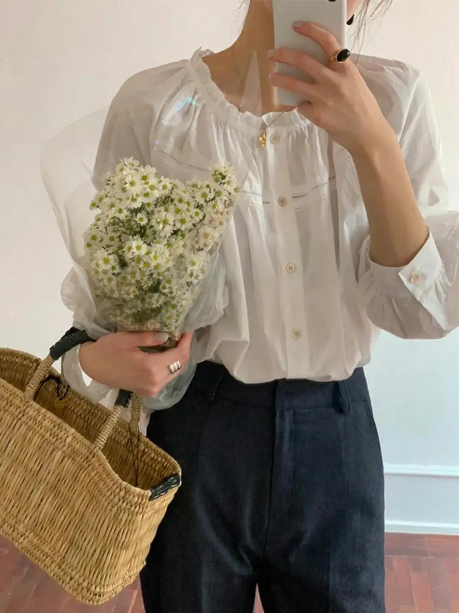 

Модная кружевная блузка с круглым вырезом и длинными рукавами, с деревянной отделкой, омолаживающая, в стиле Донгдамун, женская, премиум-качество, топ