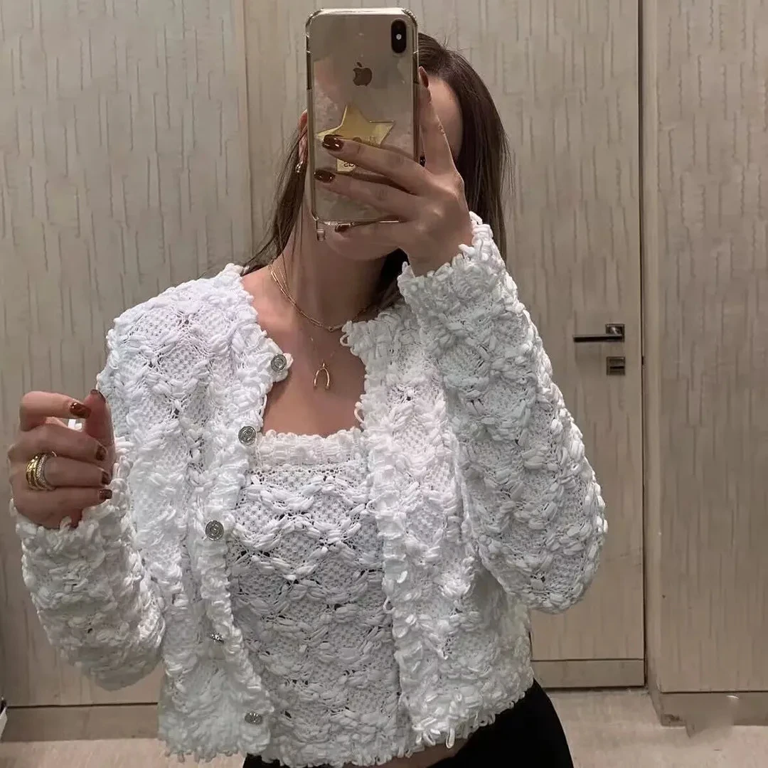 

Crochet Embroidery Solid Knitted Cardigans Women O-neck Single Breasted Long Sleeve Hollow Out Sweet Sweater