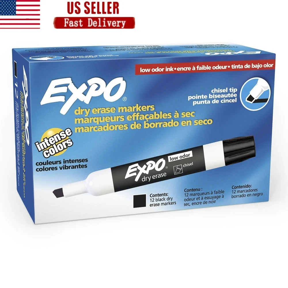 

Low Odor Dry Erase Markers Chisel Tip Black 12 Count Classroom Office Home Use Bold Ink Easy Erase Non-Porous Surfaces