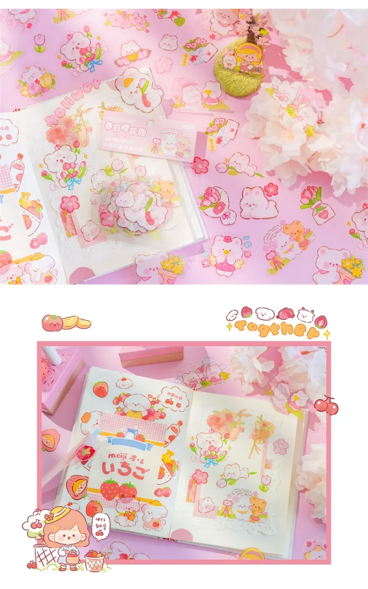 46pcs/pack PET Kawaii Stickers Bag Fleecy Pink Bunny Kitten Puppy Piggy Cute DIY Decorative Materials