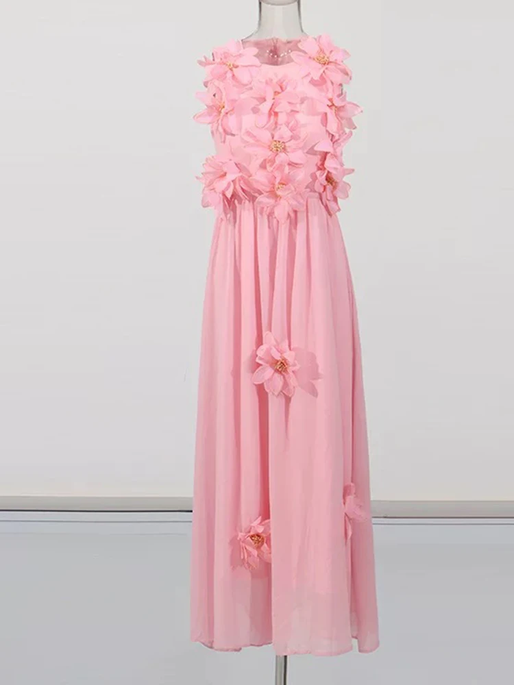 Abito senza maniche in vita floreale tridimensionale di alta qualità da donna estivo nuovo girocollo temperamento grande altalena a vita alta dres