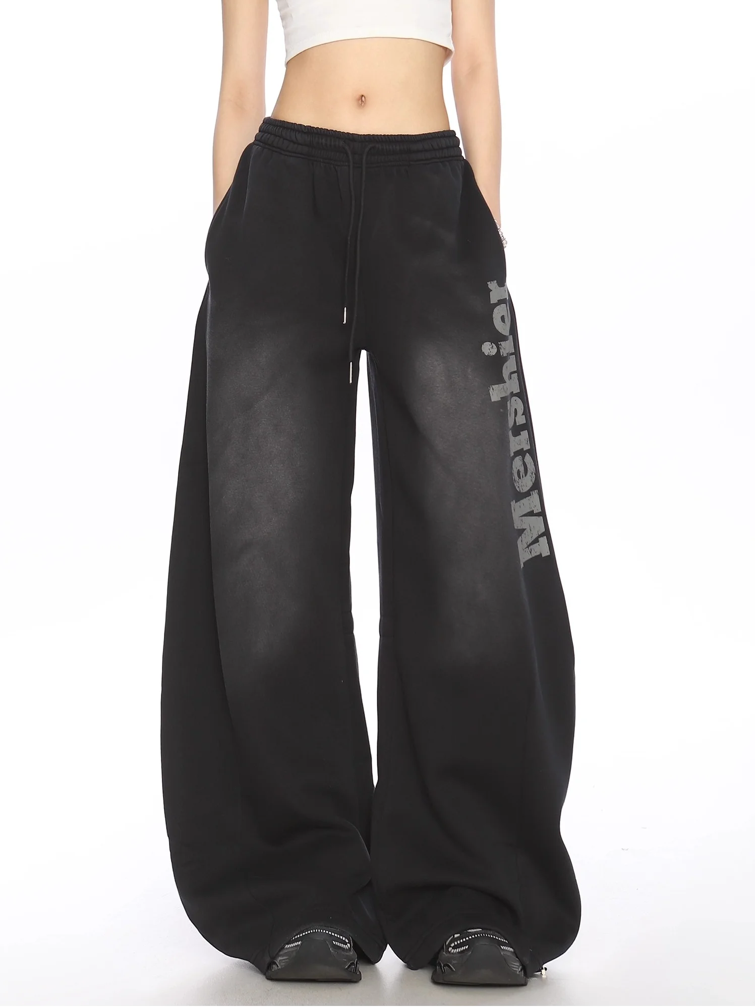 Retro American Distressed Letter Bend Knife Wide Leg Sweatpants Women's Loose Casual Drapey Straight Tube Pants