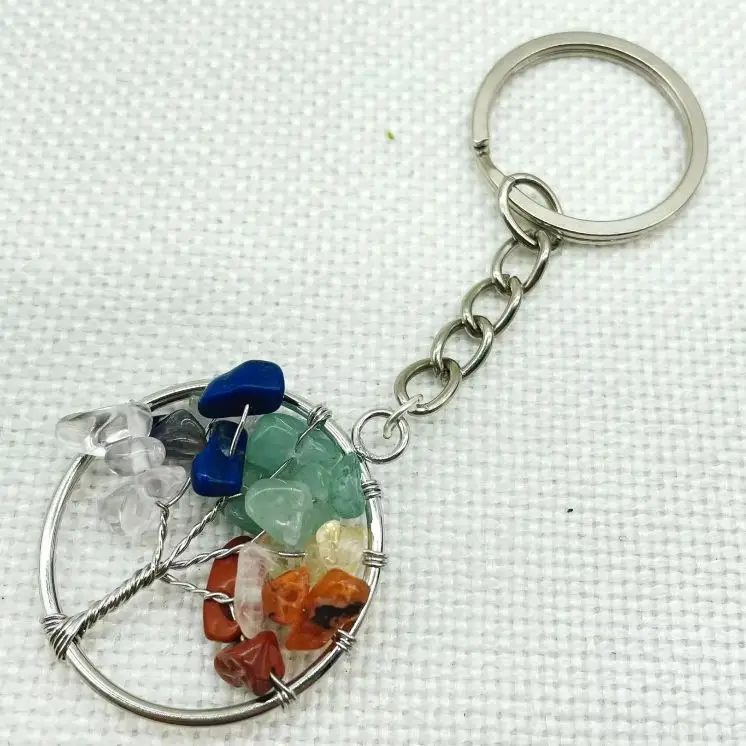 Hot Selling Natural Gem Stone Crystal Quartz fluorite lapis amethyst 7 Chakra Round 30MM Life Of Tree Pendant Keychain Chain