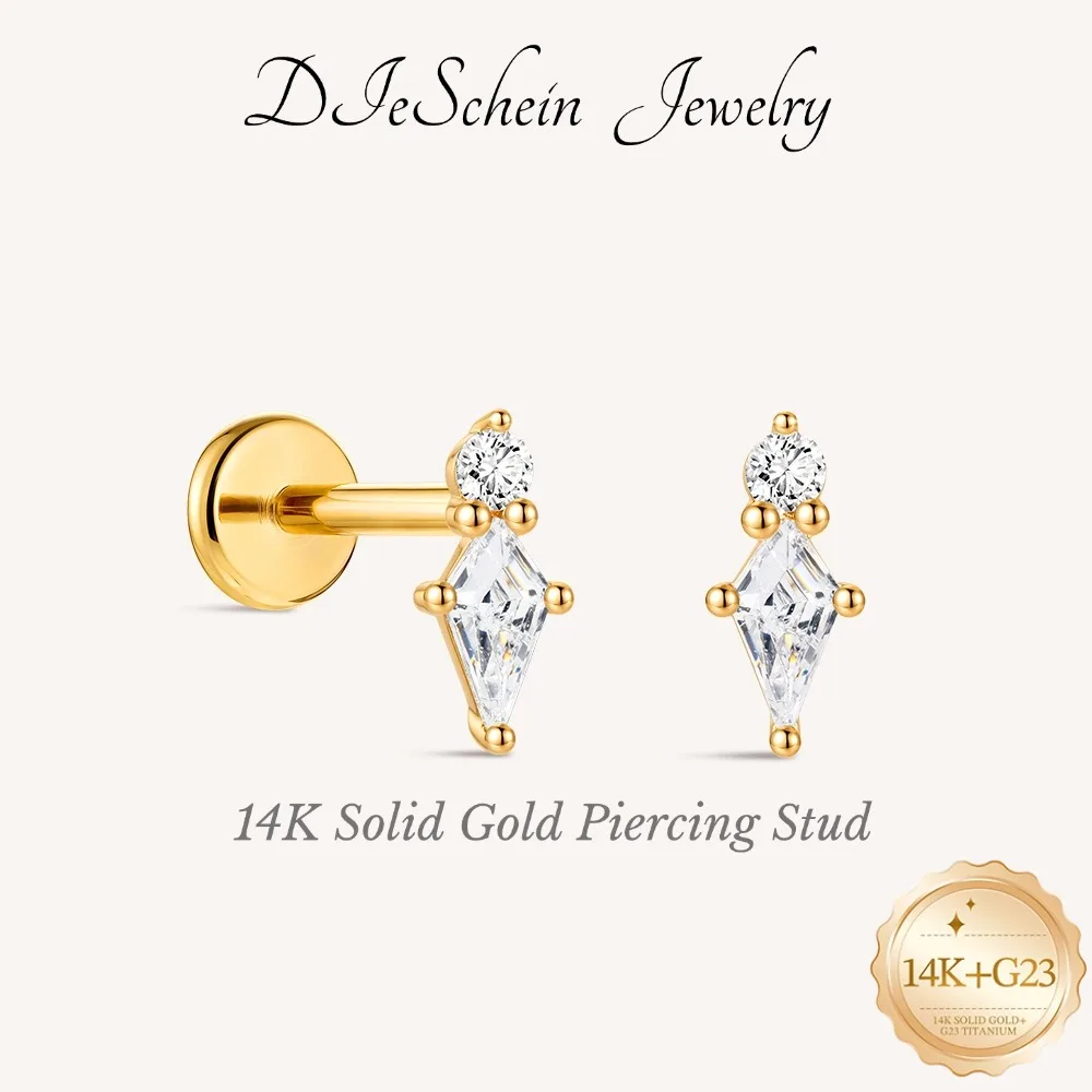 DIeSchein 14K Solid Gold Flat Back Single Stud Earring 5/6/8mm Post Length Tiny Piercing Hypoallergenic Minimalist Gold Earring
