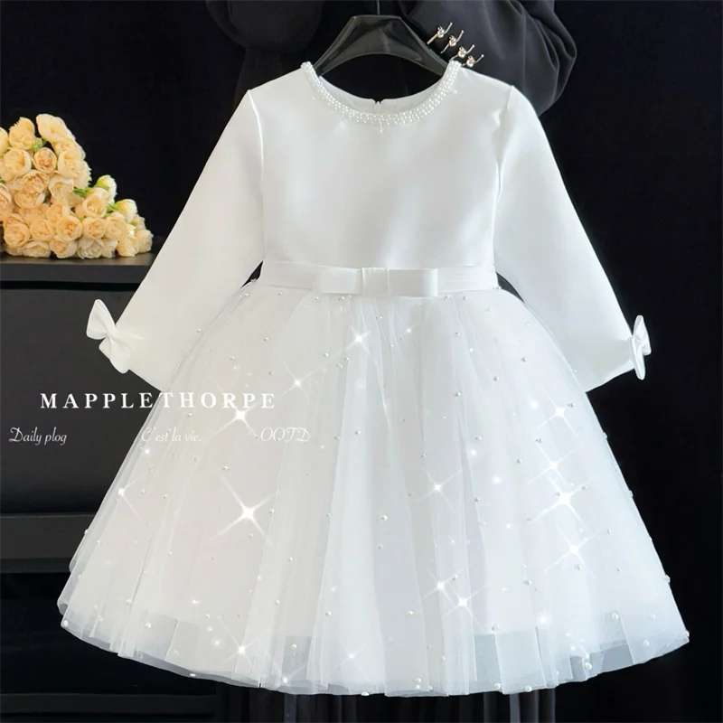 

Princess Satin Tulle Pearls Bow Flower Girl Dresses First Communion Dresses Birthday Christmas Gift Wedding Party Birthday Show