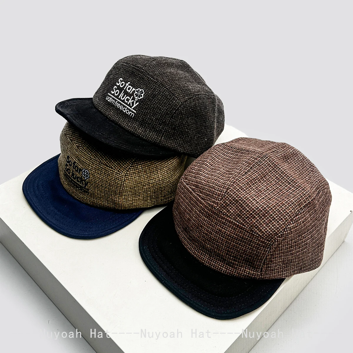 Unisex Korean Style Color Block Letter Embroidery Baseball Cap Solid Woolen Fabric Peaked Cap Sunshade Retro Fashion Hat for Men
