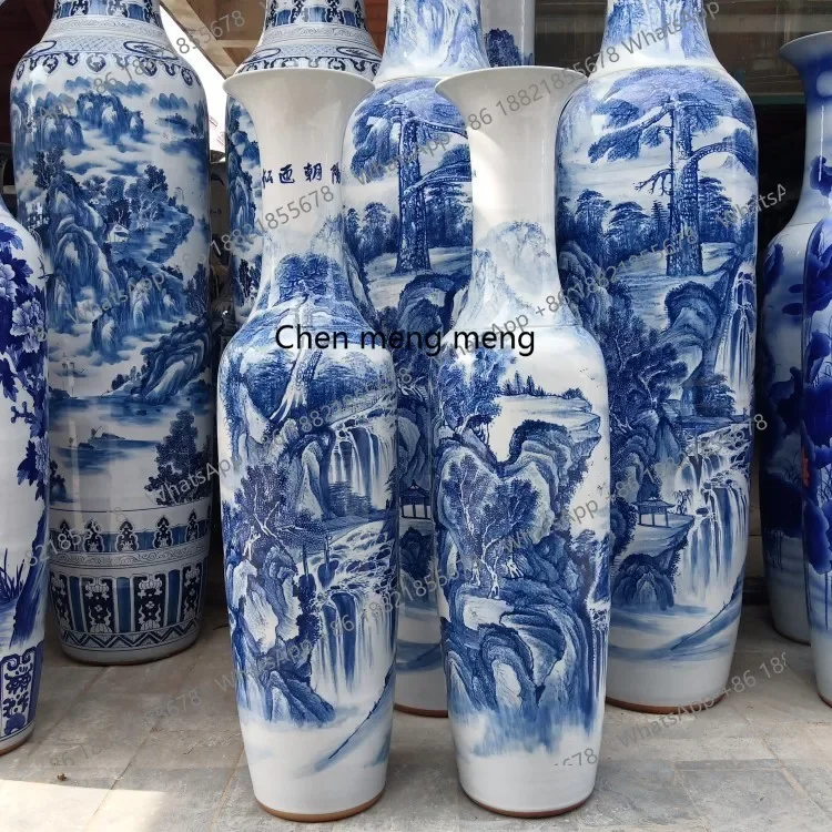 A74Hand drawn blue and white pine welcoming landscape painting, floor standing large vase, opening gift, ceramic decoration