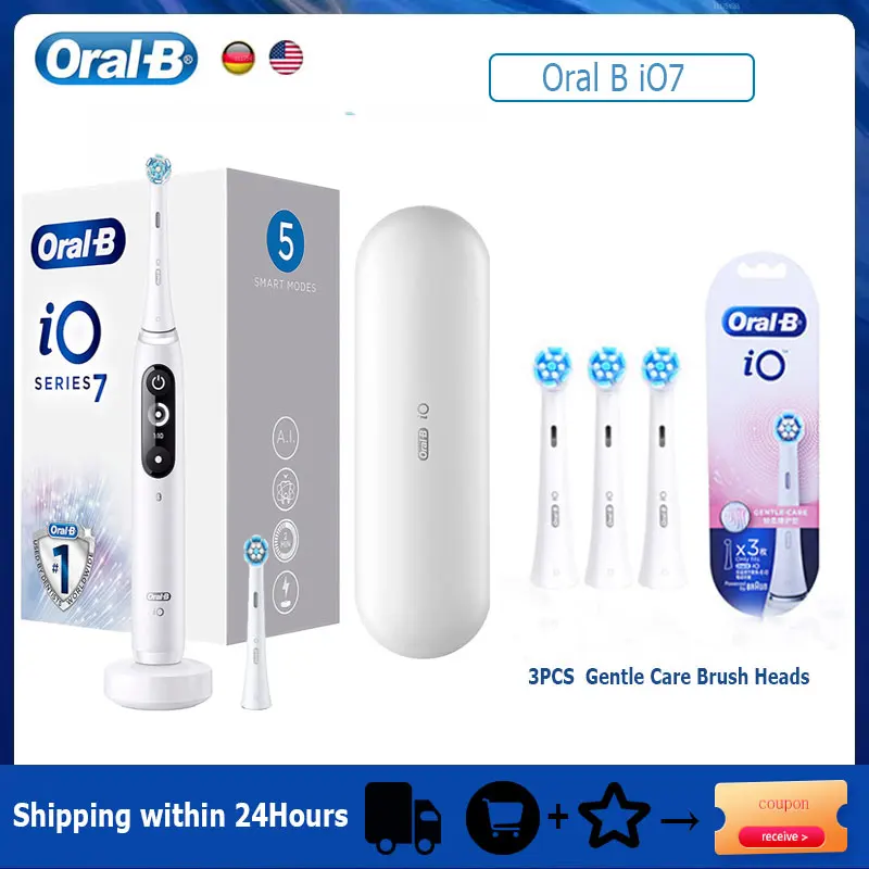 Oral-B iO7 Brosse à dents électrique intelligente avec 5 modes de nettoyage Technologie magnétique Poignée connectée par application avec tête de brosse Étui de voyage