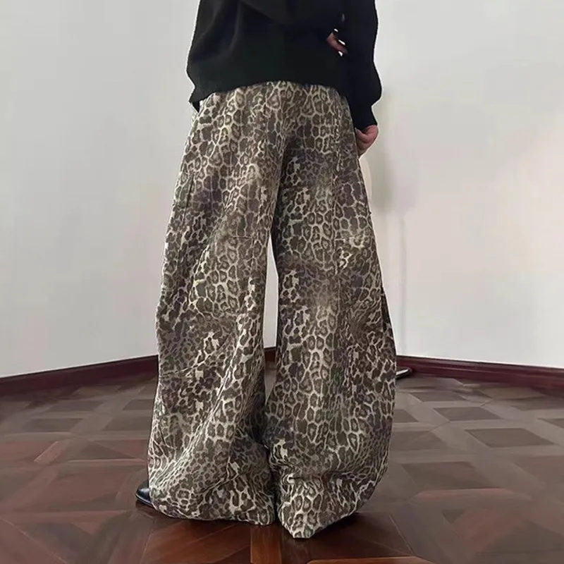 HKSH Spring Autumn New Men Tide Leopard Print Design Loose Vintage Pants Trendy High Street Multi-pocket  Wide-Leg Jeans HK13014
