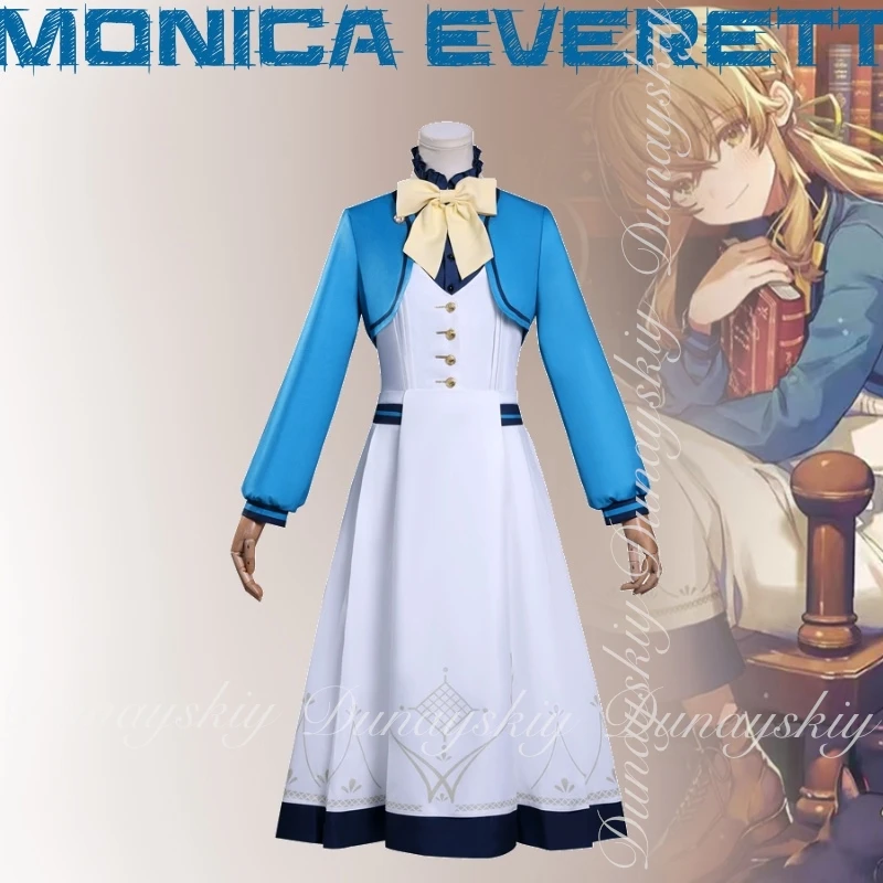 أسرار الساحرة الصامتة أنيمي مونيكا ايفريت ويكون مع فستان أزرق أبيض مع لون القهوة شعر مستعار ويكون زي جميع المجموعة
