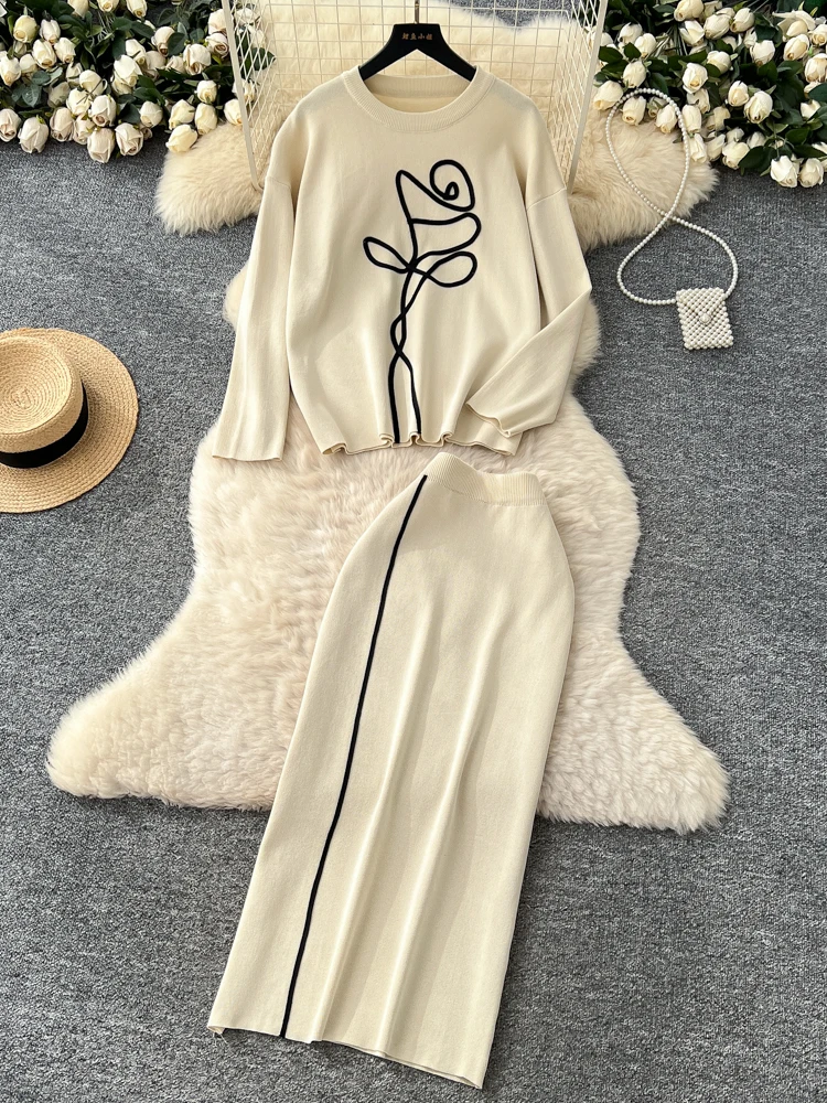 

Модный комплект из трикотажного топа и юбки с высокой талией и тяжелой вышивкой цвета Blo Flower, женский комплект Long Sve round Ne Spring Au...