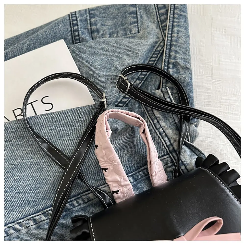 Vintage Black&pink Ballet Style Backpack Versatile Ruffled Bucket Bag Adjustable Belt Bowknot Pattern Lace Trim Backpack Commute