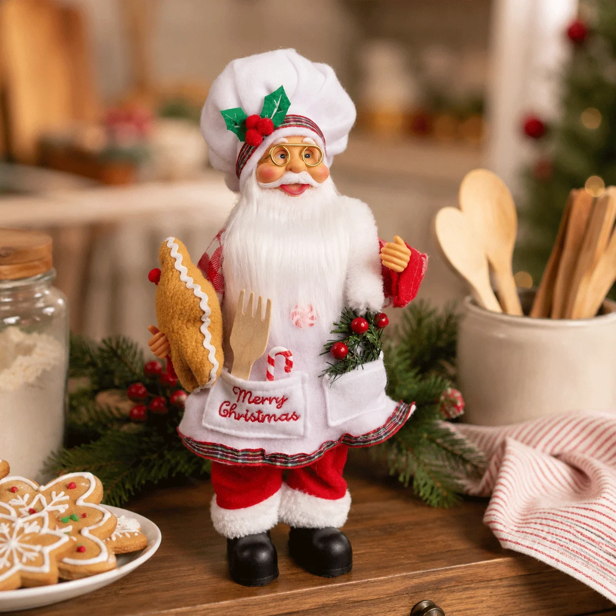 30cm Chef Santa Claus Figurine Christmas Decoration, Festive Santa Statue with Apron Hat and Gingerbread for Holiday Home Decor view 5
