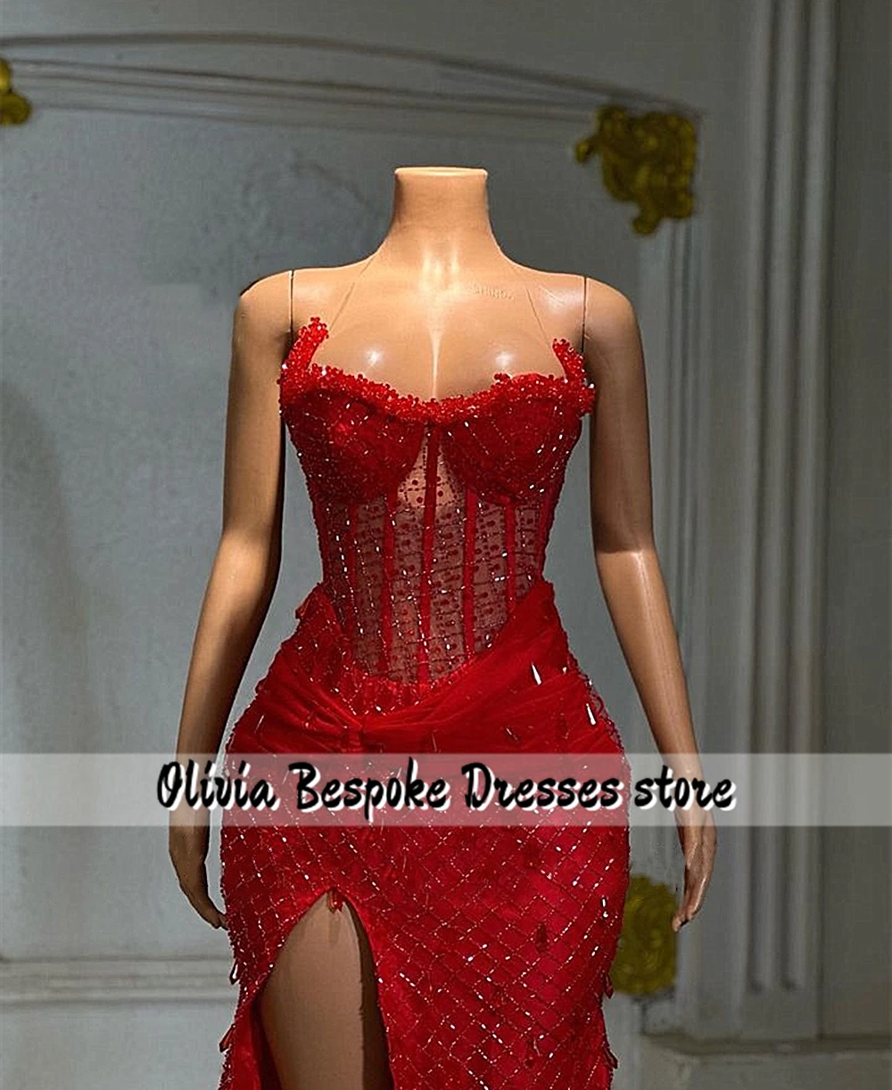 매혹적인 붉은 아프리카 인어 무도회 드레스, 스플릿 아소 Ebi 이브닝 파티 가운, 침구 코르셋, 결혼식 피로연, 맞춤형 원피스