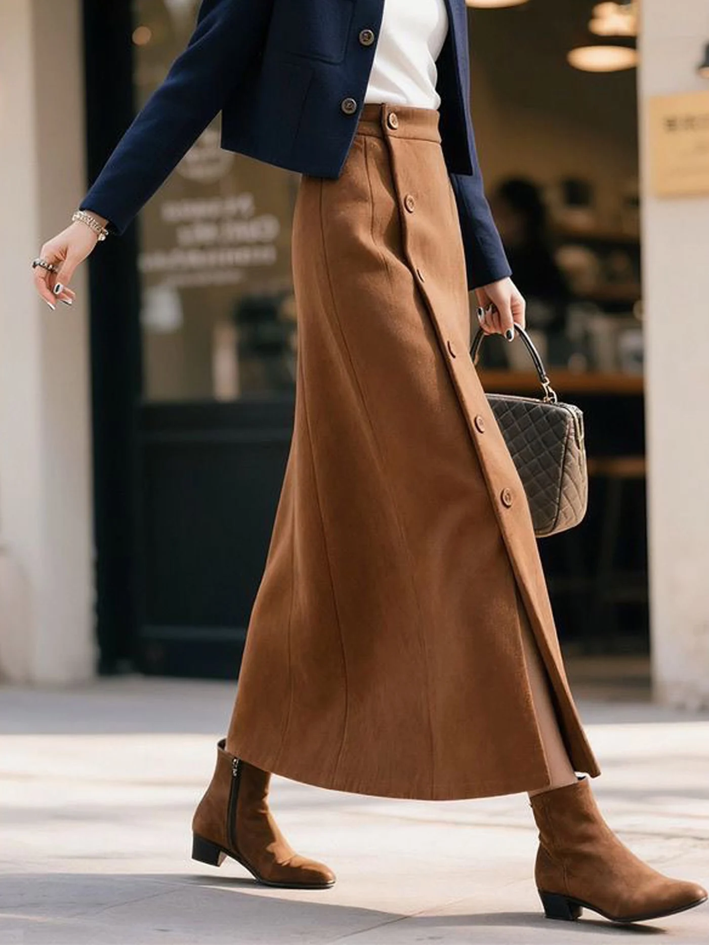 Retro Design Commute Half Skirt Women's Caramel Color Split A-Line Skirt Trendy High Waist Simple Style Daily Wear