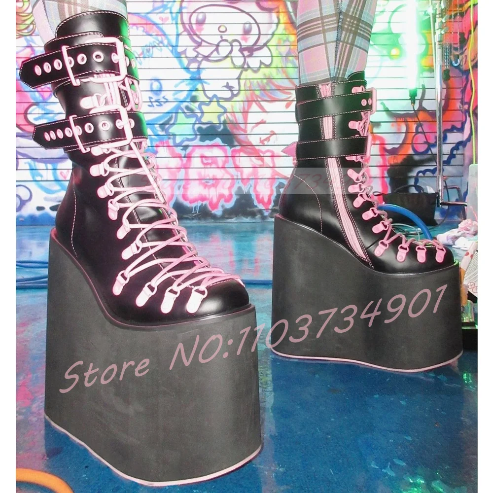 Gothic Ultra High Wedge Heel Platform Boots Color-Contrast Lace Up Buckle Strap Round Toe Pink Women Ankle Boots Fashion Party