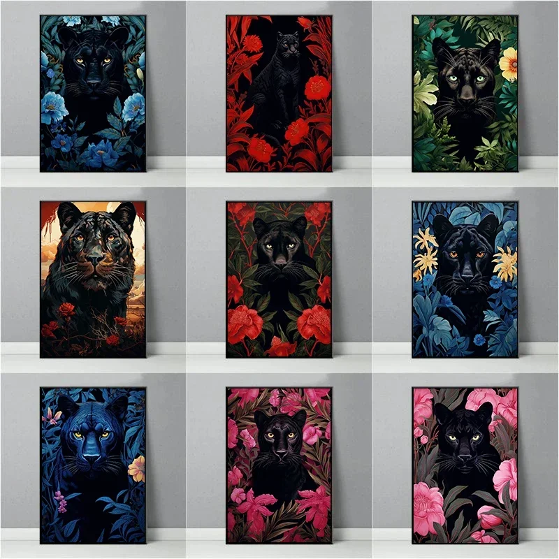 Black Panthers in The Tropical Jungle Poster Leaves and Leopards Canvas Painting Wildlife Wall Art Picture Home Decor Gift Idea