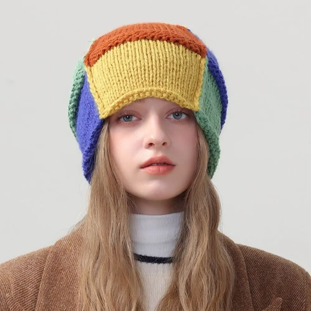 Stylish Gradient Plush Hat Handmade Split Color Woolen Hat Stripe Beanie Cap Knitted Hat Women