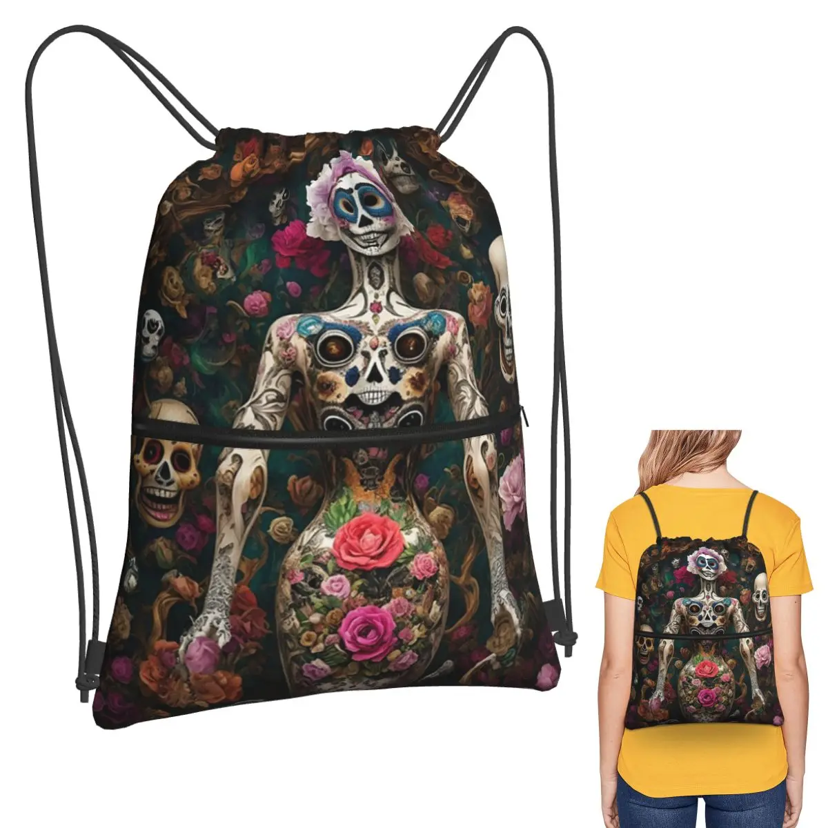 

Mexican Catrina Girl Day Of The Dead Sugar Skull Backpacks Casual Drawstring Bags Shoes Bag Book Bags for Man Woman Students