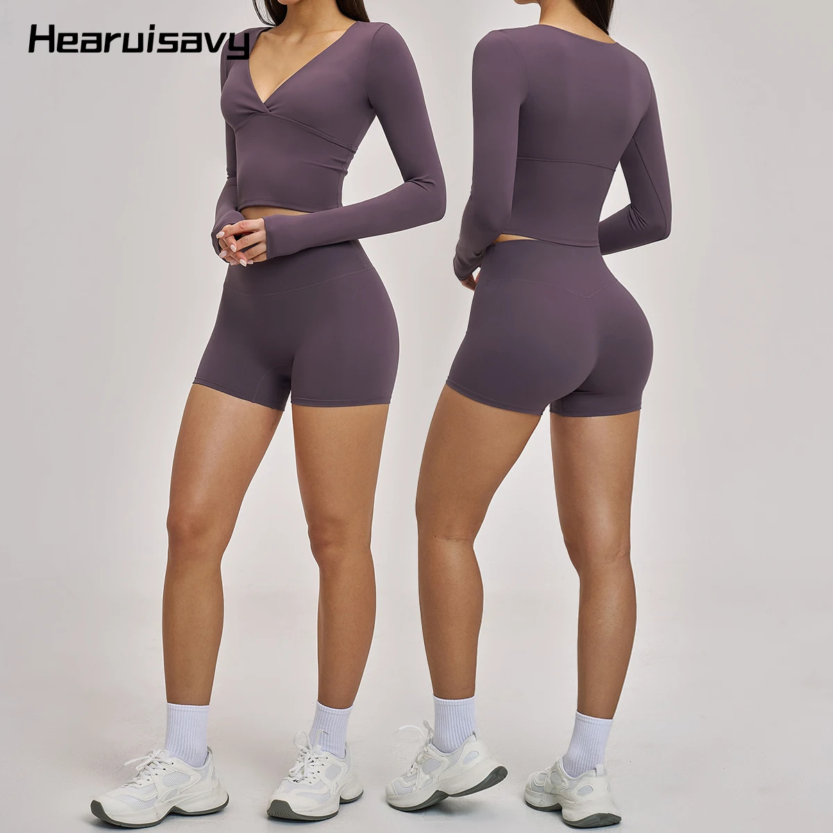 

Спортивный комплект Hearuisavy из 2 предметов: женский топ для йоги с длинным рукавом и шорты с высокой талией для фитнеса, велоспорта и бега