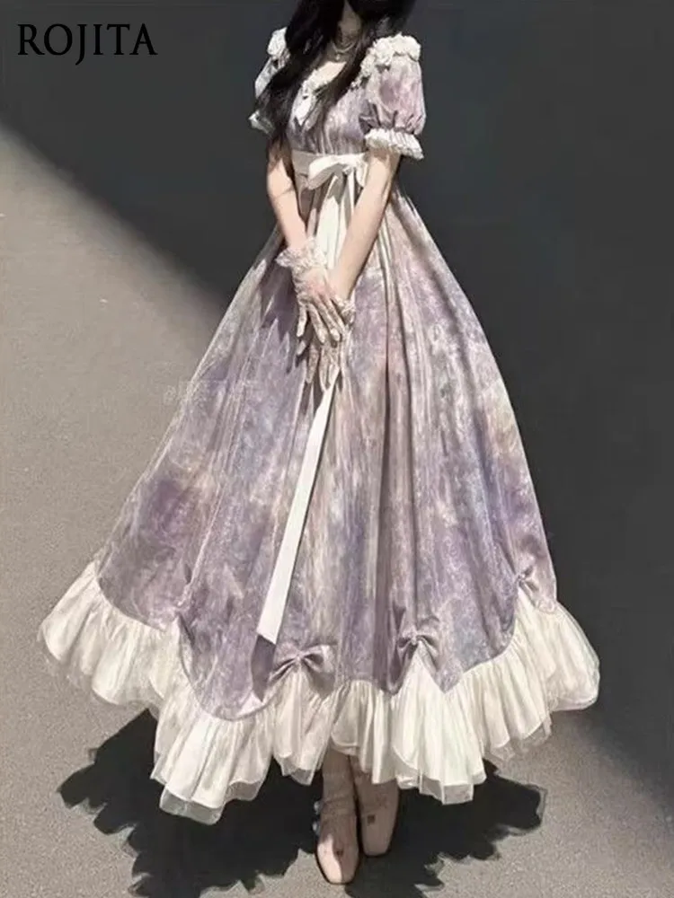 Vintage Purple Tie‑Dye Lolita Long Dress Puff Short Sleeve Lace Ruffle Bow Sash Elegant Fairy Gothic Party Dress for Women