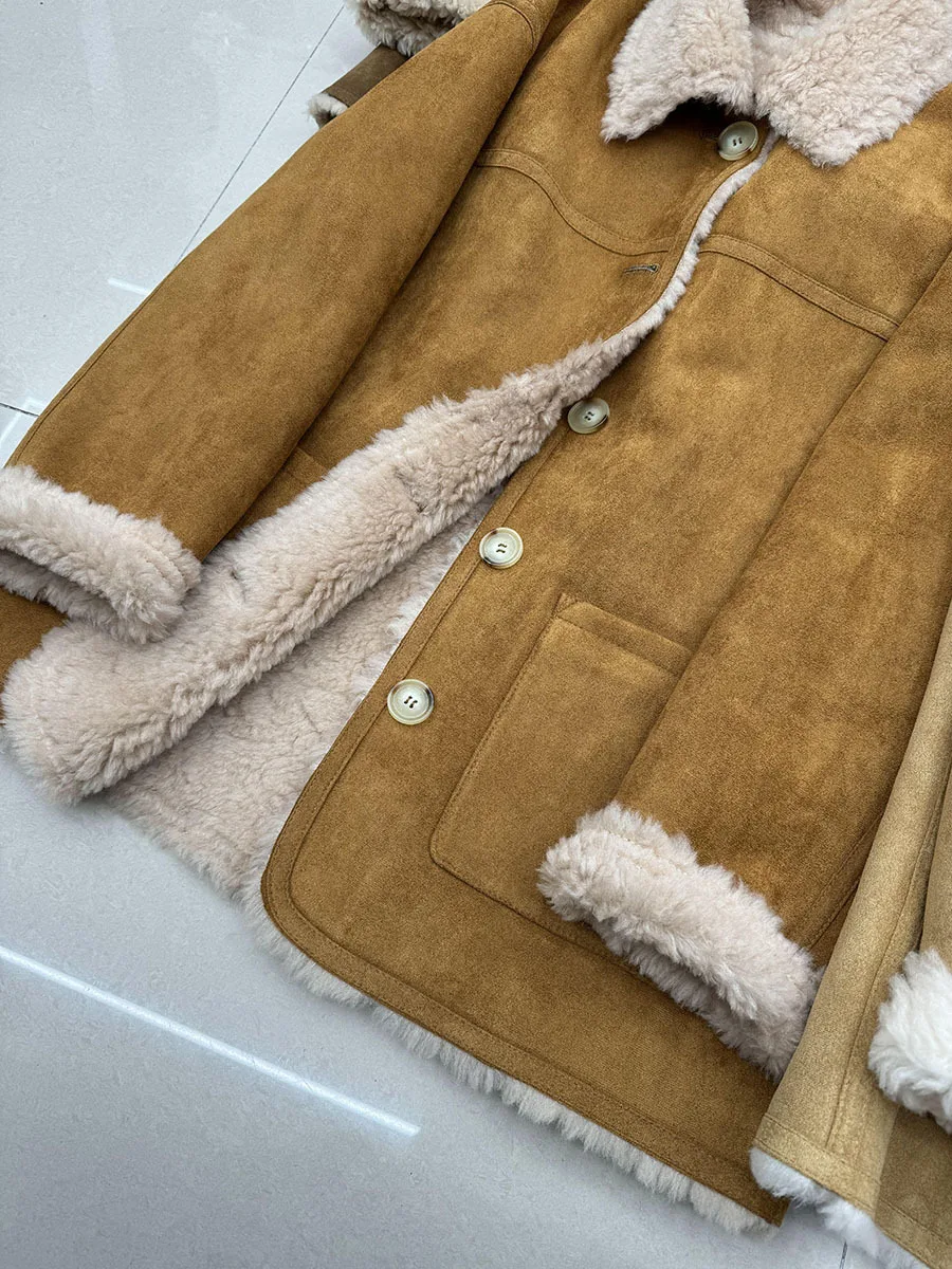 Manteau de fourrure mi-long en peau de mouton à col réversible, mode hiver