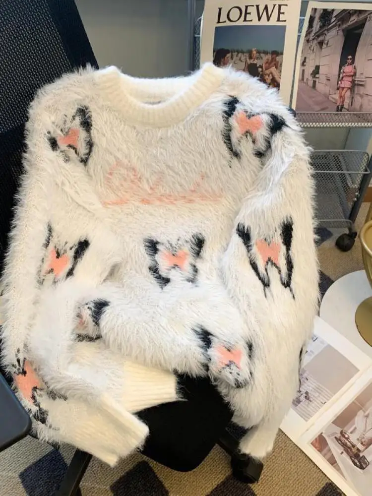 

Autumn Winter Vintage Fashion New White Butterfly Print Elegant Mink Sweater Women Pink Round Neck Vacation Pullover Knit Tops