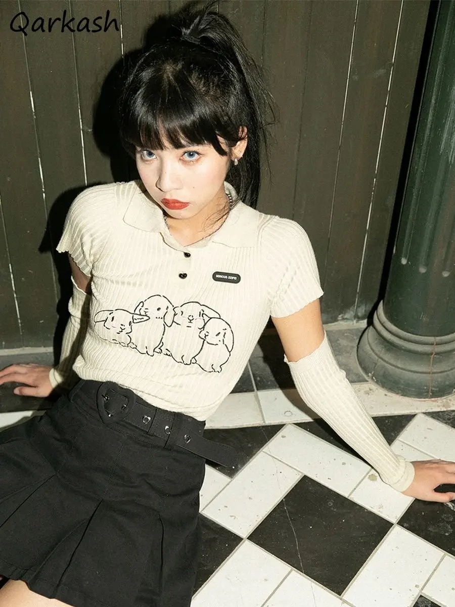 Konijn Print Korte Mouw T-shirts met Manchet Vrouwen Skinny Zoete Leuke Zomer Crop Tops Casual Y2k Kleding Harajuku Studenten Chic