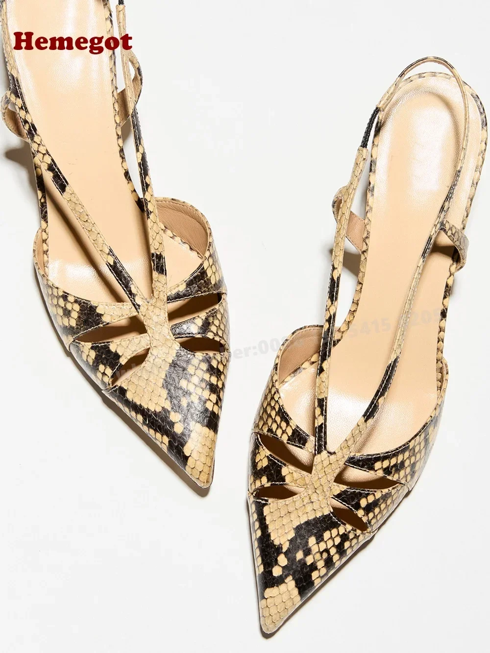 Kitten Heels Cut-Out Slingback Sandals Pointed Toe Side Air Snakeskin Women's Sandals Summer Luxury Party Shoes Sexy Elegant