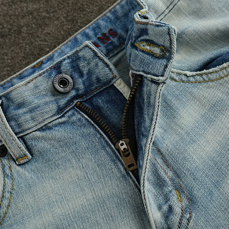 Street Fashion Men Jeans High Quality Retro Light Blue Stretch Slim Fit Ripped Jeans Patched Designer Vintage Denim Pants Hombre