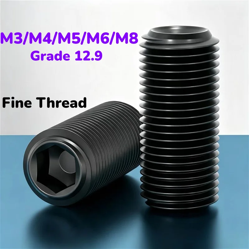 M3 M4 M5 M6 M8 Black Grade 12.9 Alloy Steel Fine Thread Hexagon Socket Allen Cup Point Grub Headless Bolt Concave End Set Screw