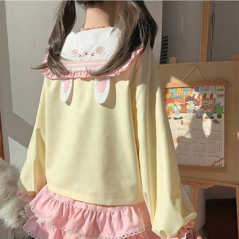 Japanese College Style 2‑Piece Outfit Cute Bunny Sailor Collar Jacket + Pink Ruffled Cake Skirt, Bow Embroidery Sweet Lolita Set - view 3