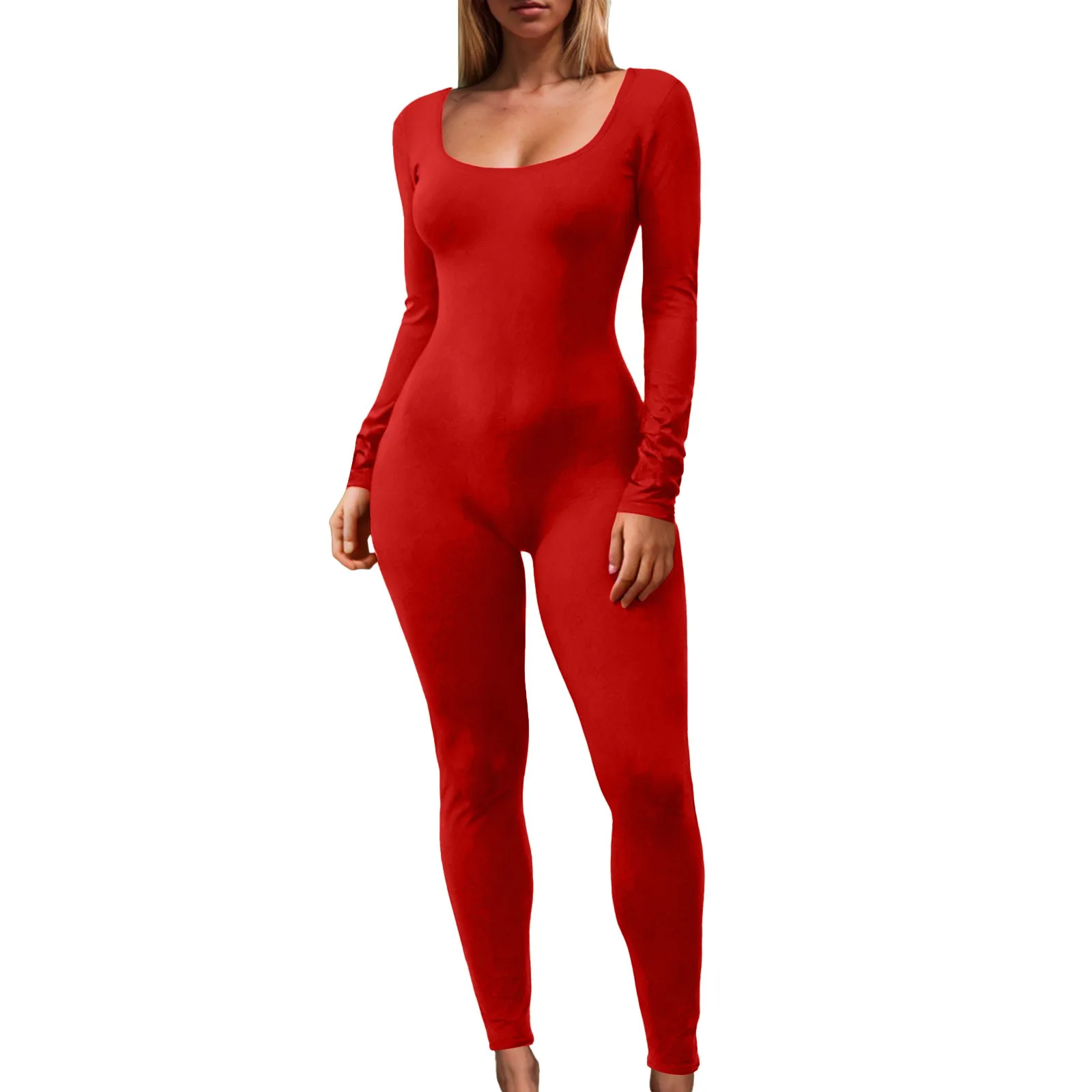 Full Body Jumpsuit For Women Long Sleeve Sport Jumpsuits Solid Color U Neck Overalls Spring Fall Playsuit Leotard Femme Clothing