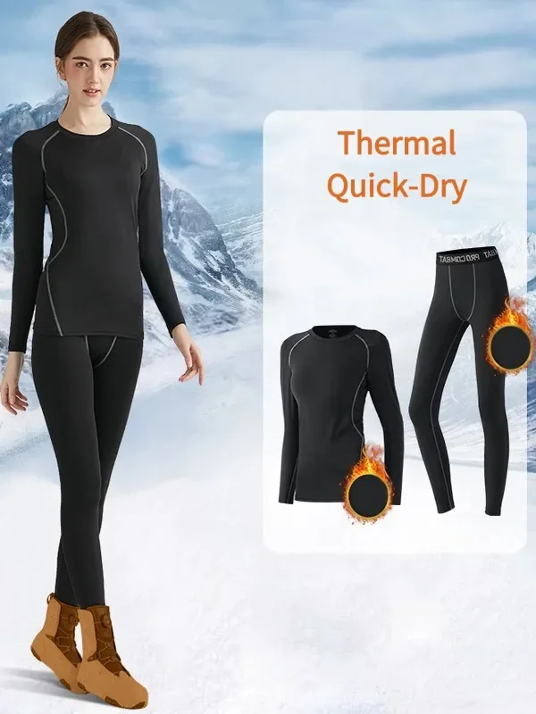 

2PCS,Women's quick-dry ski warm suit, autumn and winter fleece long-sleeved T-shirt and pants