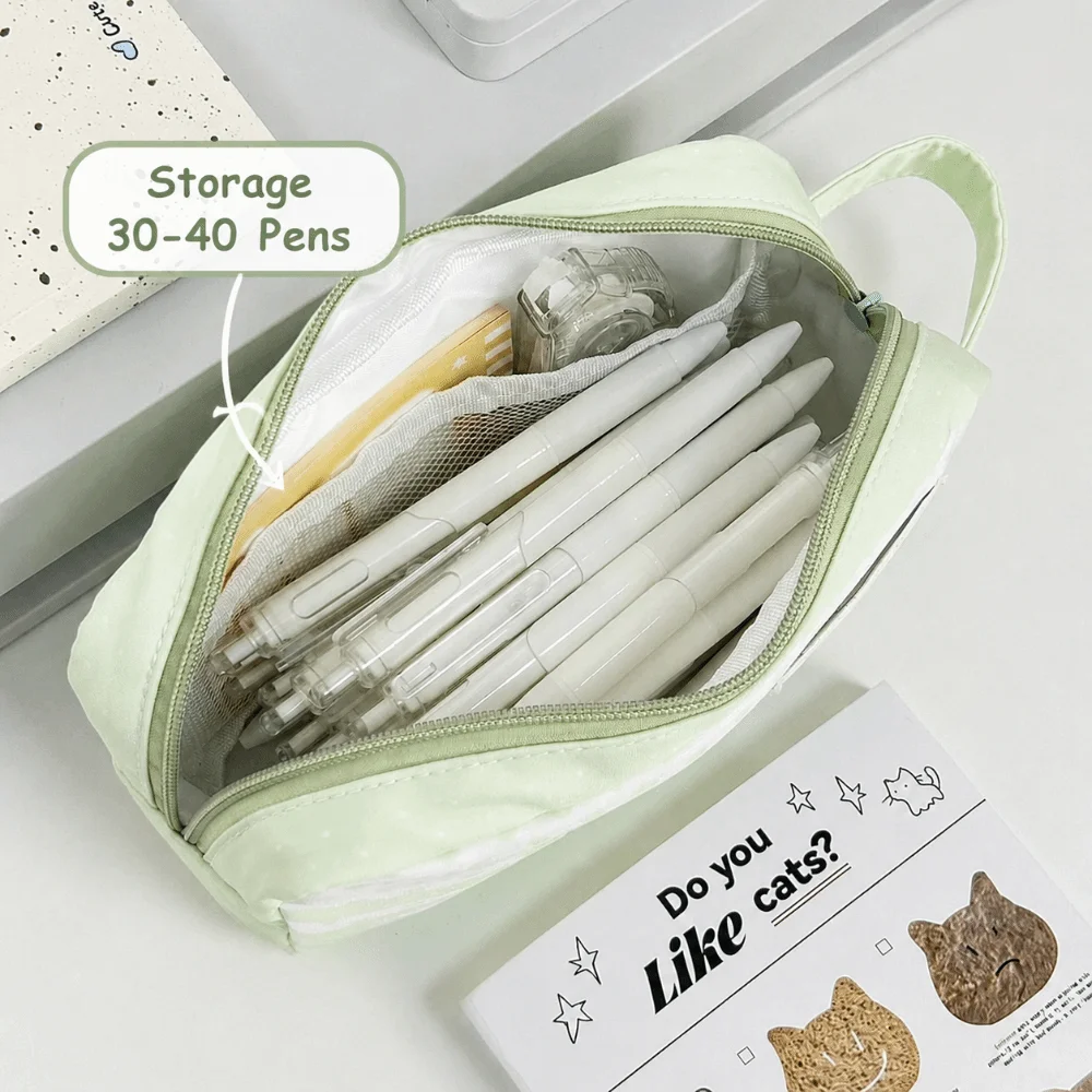 Portable Clear Window Pencil Case Green Large Capacity Pen Bag with Handle Heart Print Stationery Storage Bag Back To School