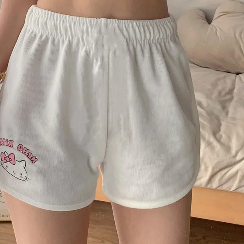 Hello Kitty Printed Camisole Top Set For Cute Women With Breast Pads White Slim Fit Top Spicy Girl Cartoon Printed Shorts Set
