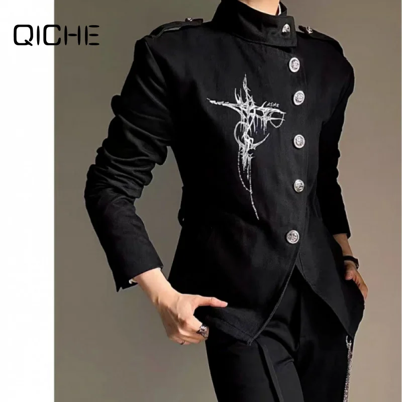 QICHE 2026 Spring Autumn Cropped Techwear Outerwear for Men, Stand Collar Niche Premium Loose Metal Zipper Casual Jacket