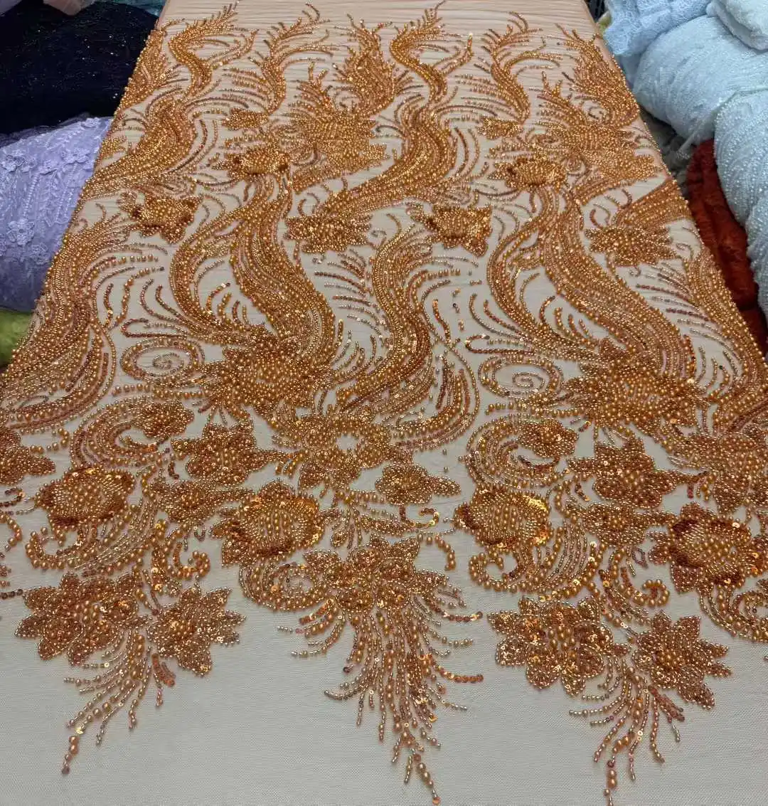 

2025 Luxury French Mesh Embroidery Beaded Lace Fabric African Nigerian Sequins Lace Fabric For Wedding Dresses Sewing Material