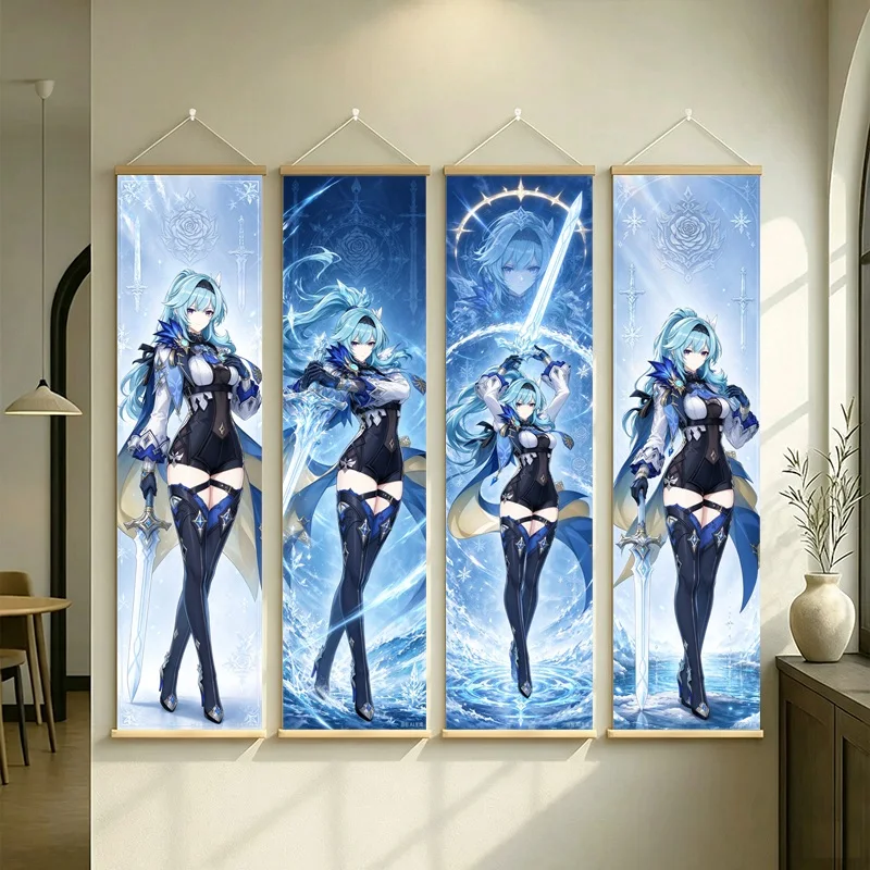 Hanging Scroll Wall Art of Genshin Impact Eula with Icy Blue Frost Motifs on Silver Shimmer Canvas for an Anime Bedroom