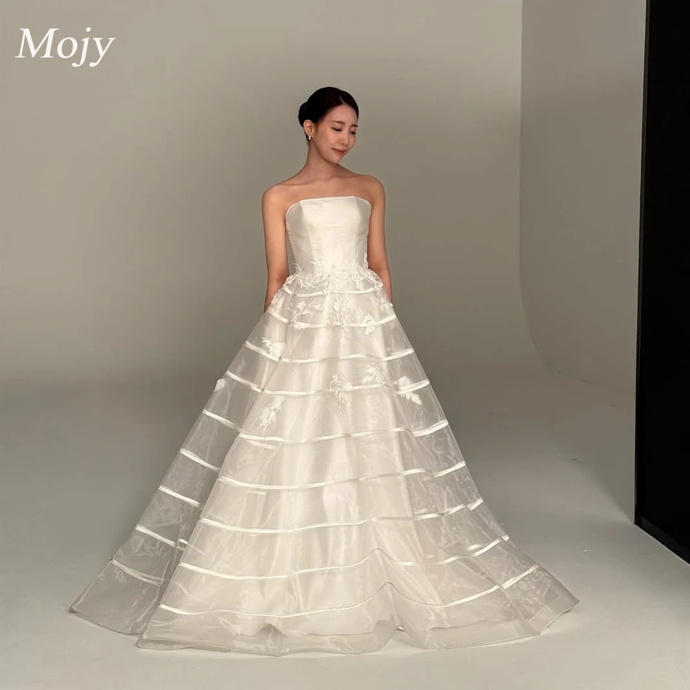 

Mojy Strapless A-Line Simple Korea Wedding Dresses Silk Tulle Lace Elegant Bridal Gowns Photo Shoot 저녁 드레스 Customize Marria