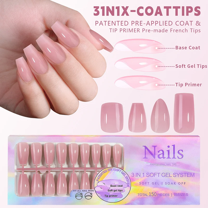 150Pcs/Box Acrylic Press On Nails Full Cover Fake False Tips Soft Gel Extension T-shaped Oval Capsule Almond Sculpted Salon DIY